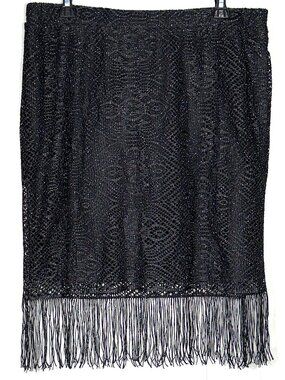 Black Metallic Fringe Skirt L Lace Lined Evening Semiformal Cocktail Party Boho